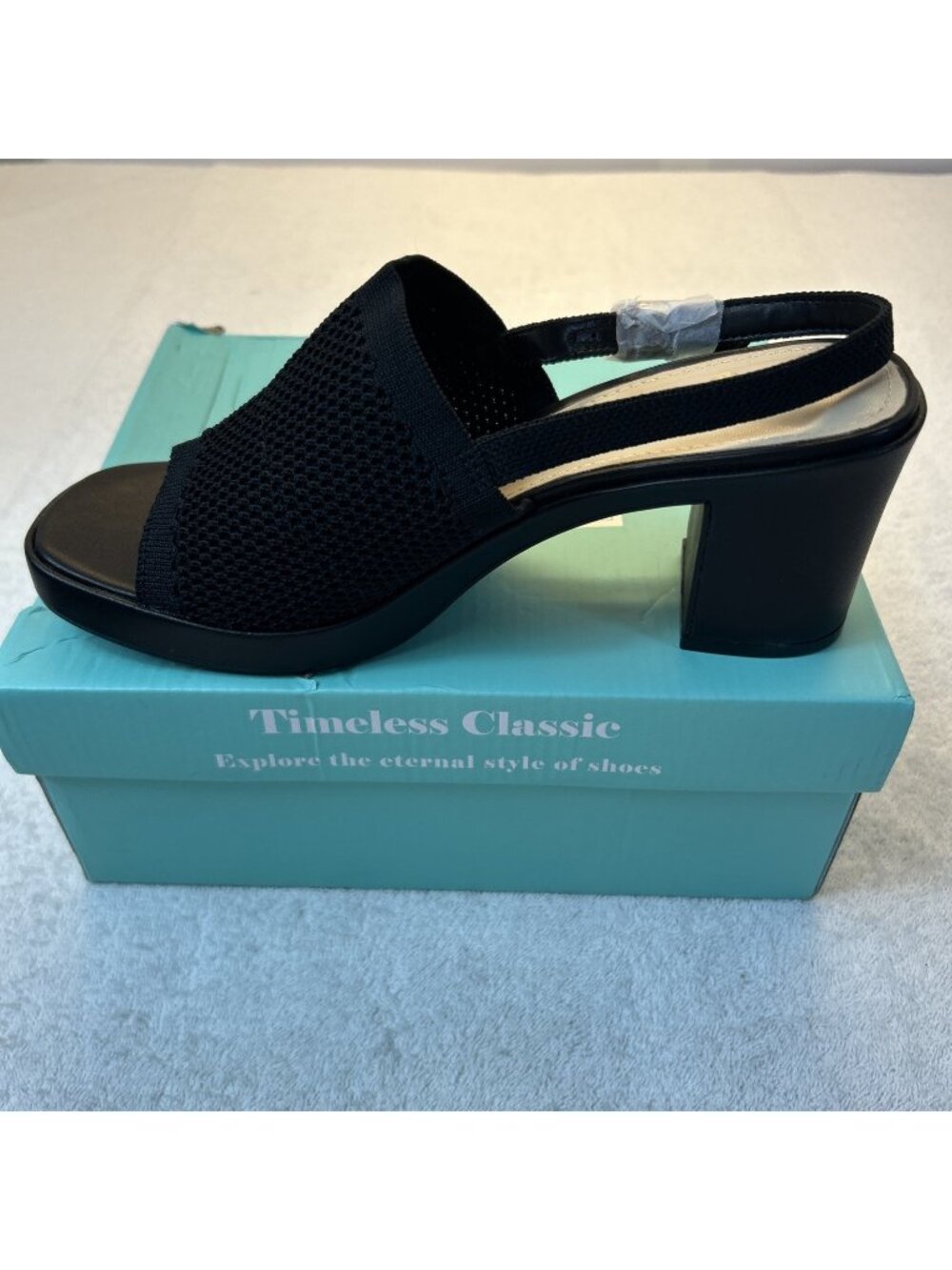 Ankis Black Knit Platform Chunky Heel 3" Sandal Open Toe Open Back  SZ 8.5 NEW